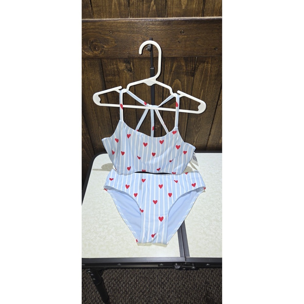 Member's Mark Girls Bikini Set L 10/12 Blue Stripe Red Heart Two Piece Swim